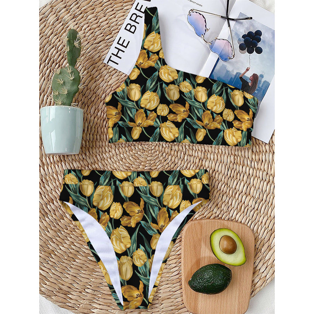 Yellow Tulip Floral Pattern Print One Shoulder Bikini Top