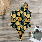 Yellow Tulip Floral Pattern Print One Shoulder Bodysuit