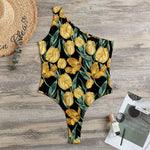 Yellow Tulip Floral Pattern Print One Shoulder Bodysuit