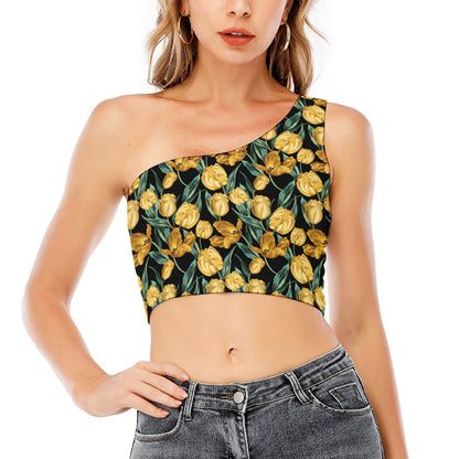 Yellow Tulip Floral Pattern Print One Shoulder Crop Top