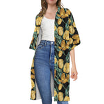 Yellow Tulip Floral Pattern Print Open Front Beach Cover Up
