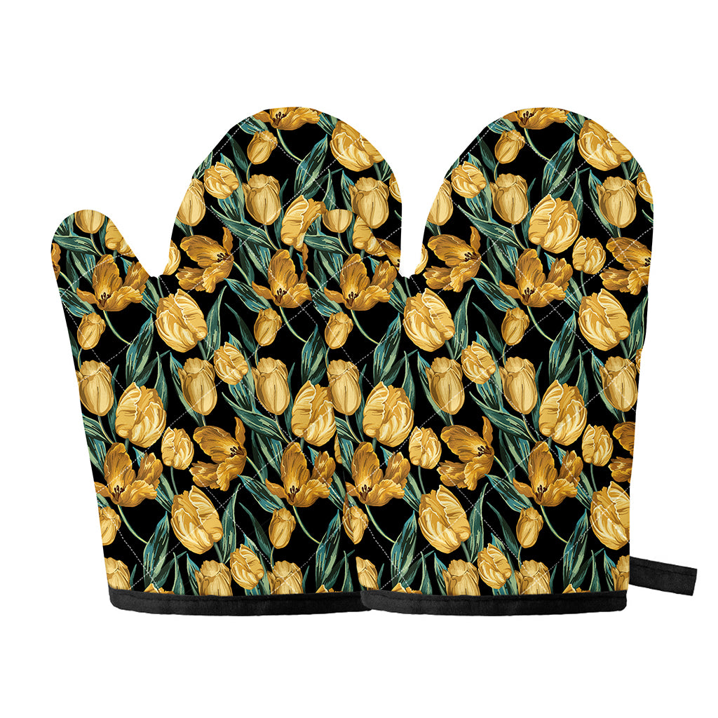 Yellow Tulip Floral Pattern Print Oven Mitts