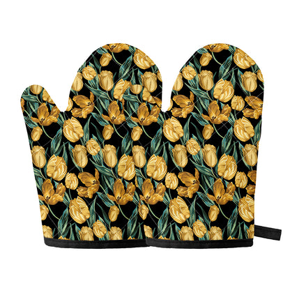 Yellow Tulip Floral Pattern Print Oven Mitts
