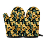 Yellow Tulip Floral Pattern Print Oven Mitts