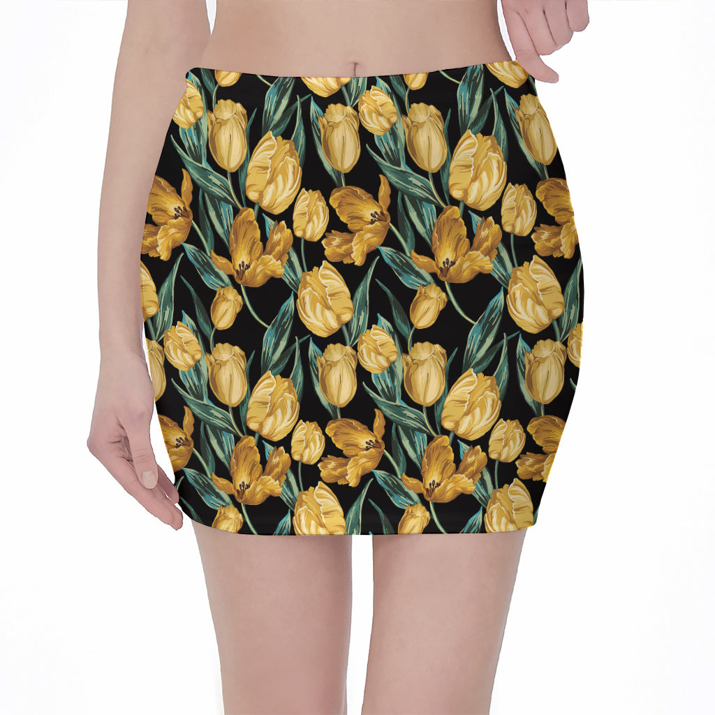 Yellow Tulip Floral Pattern Print Pencil Mini Skirt
