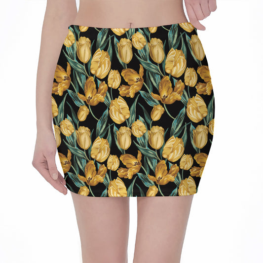Yellow Tulip Floral Pattern Print Pencil Mini Skirt