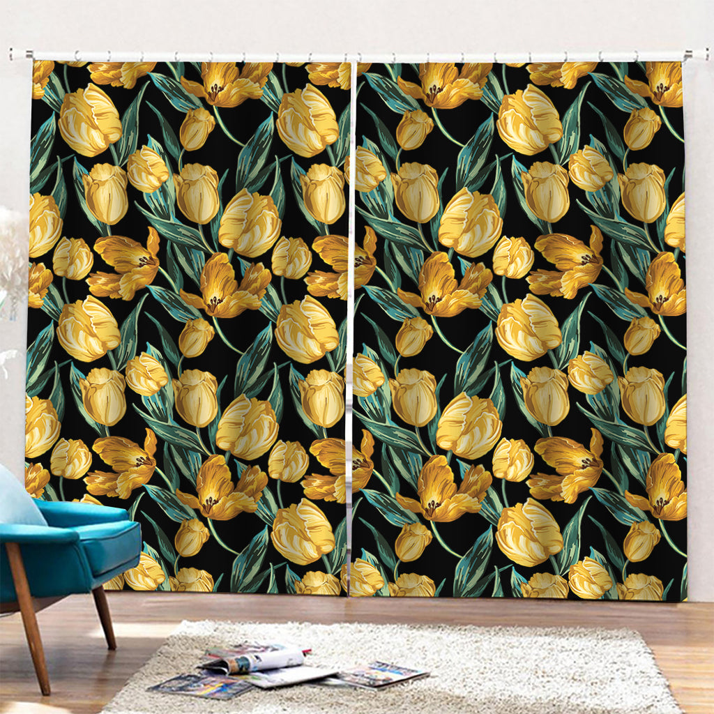 Yellow Tulip Floral Pattern Print Pencil Pleat Curtains