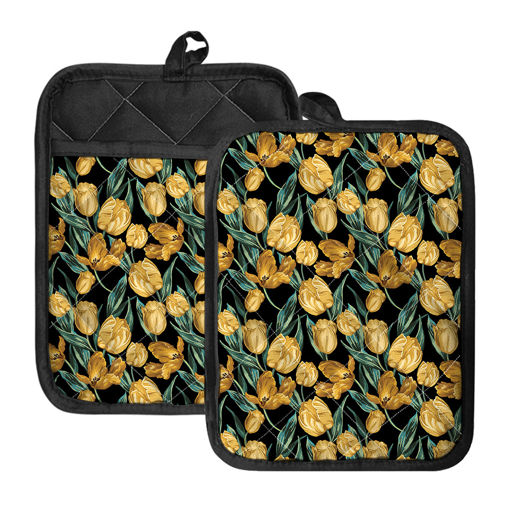 Yellow Tulip Floral Pattern Print Pot Holders With Pocket