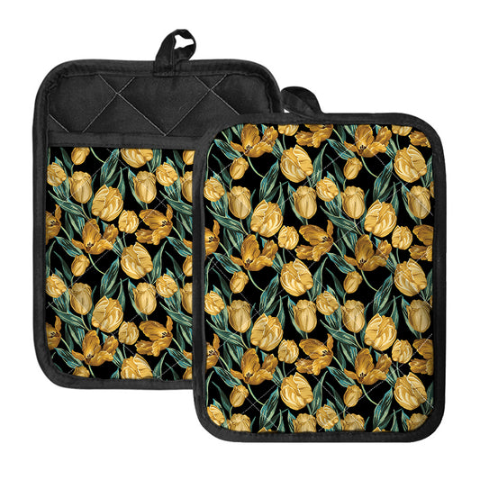 Yellow Tulip Floral Pattern Print Pot Holders With Pocket