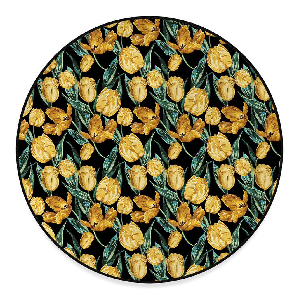 Yellow Tulip Floral Pattern Print Round Floor Mat