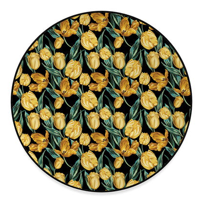 Yellow Tulip Floral Pattern Print Round Floor Mat