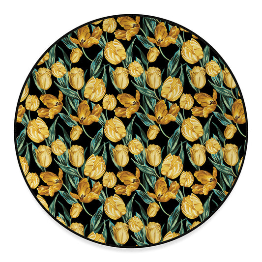 Yellow Tulip Floral Pattern Print Round Floor Mat