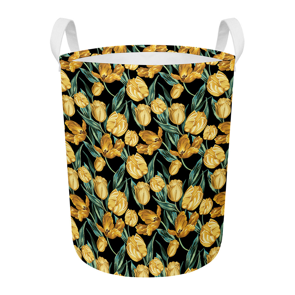 Yellow Tulip Floral Pattern Print Round Laundry Basket
