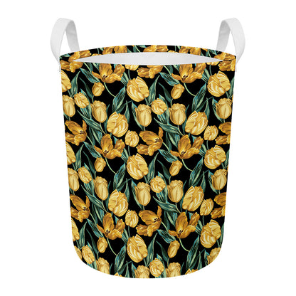 Yellow Tulip Floral Pattern Print Round Laundry Basket