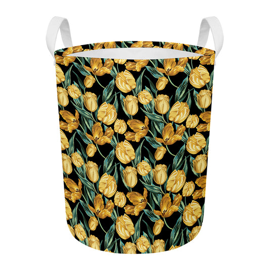Yellow Tulip Floral Pattern Print Round Laundry Basket