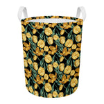 Yellow Tulip Floral Pattern Print Round Laundry Basket