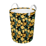 Yellow Tulip Floral Pattern Print Round Laundry Basket
