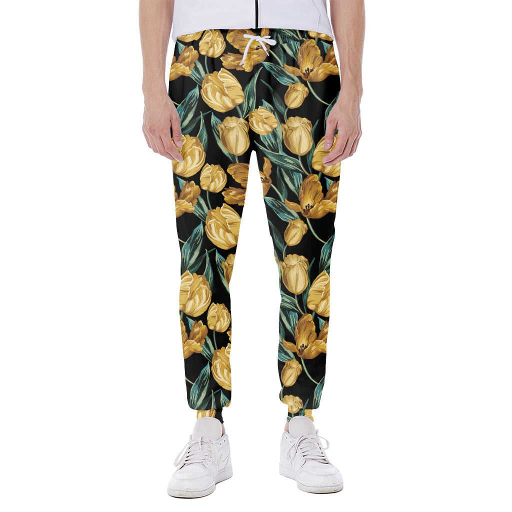 Yellow Tulip Floral Pattern Print Scuba Joggers