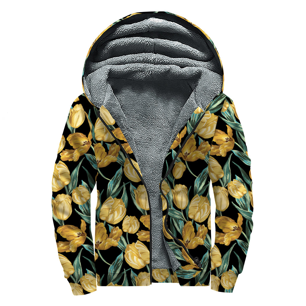 Yellow Tulip Floral Pattern Print Sherpa Lined Zip Up Hoodie