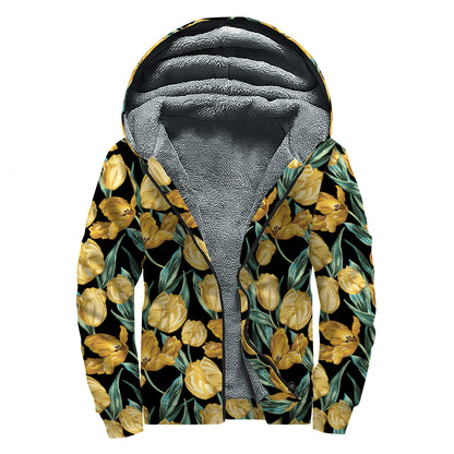 Yellow Tulip Floral Pattern Print Sherpa Lined Zip Up Hoodie