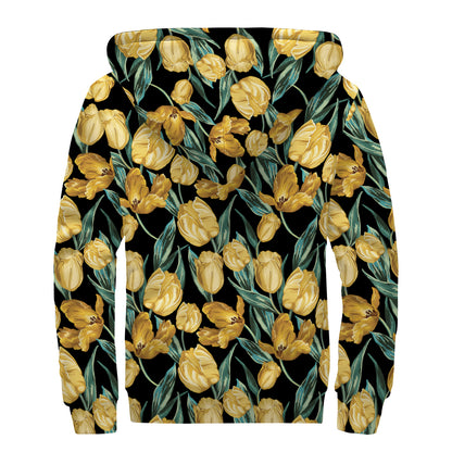 Yellow Tulip Floral Pattern Print Sherpa Lined Zip Up Hoodie