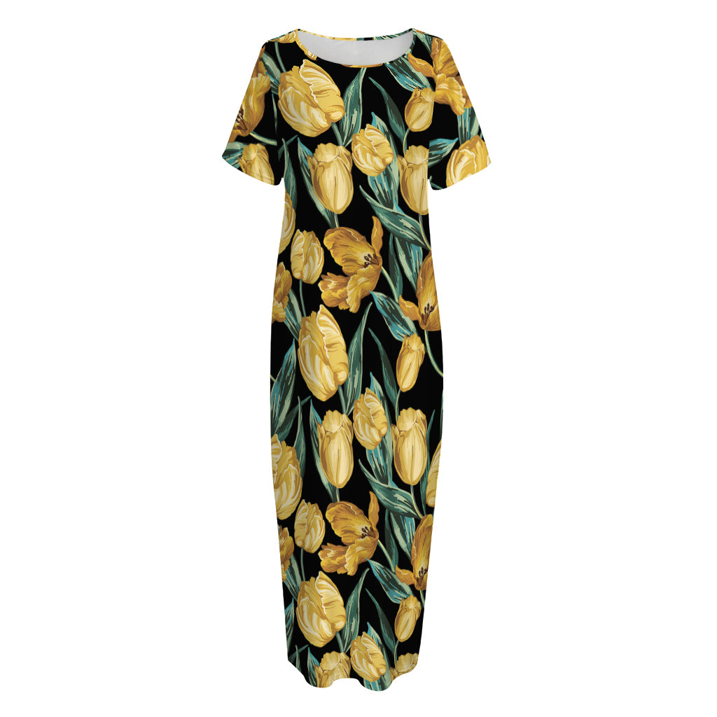Yellow Tulip Floral Pattern Print Short Sleeve Long Nightdress