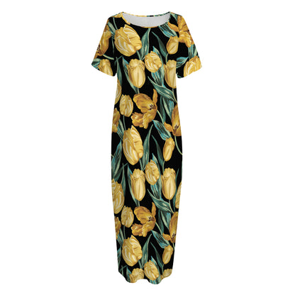 Yellow Tulip Floral Pattern Print Short Sleeve Long Nightdress
