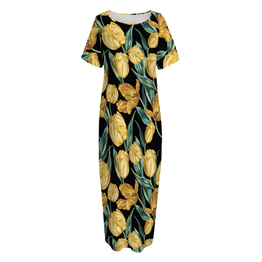 Yellow Tulip Floral Pattern Print Short Sleeve Long Nightdress