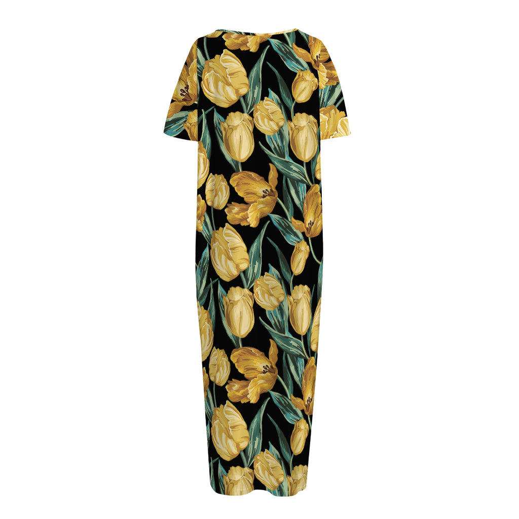 Yellow Tulip Floral Pattern Print Short Sleeve Long Nightdress