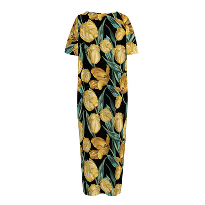 Yellow Tulip Floral Pattern Print Short Sleeve Long Nightdress