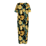 Yellow Tulip Floral Pattern Print Short Sleeve Long Nightdress