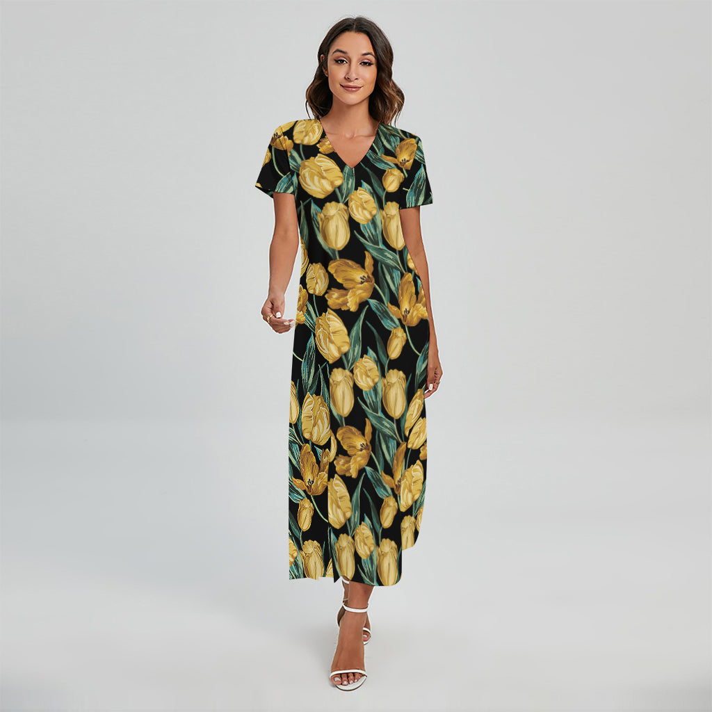Yellow Tulip Floral Pattern Print Short Sleeve Maxi Dress
