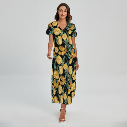 Yellow Tulip Floral Pattern Print Short Sleeve Maxi Dress