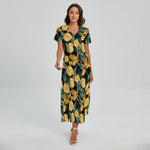 Yellow Tulip Floral Pattern Print Short Sleeve Maxi Dress