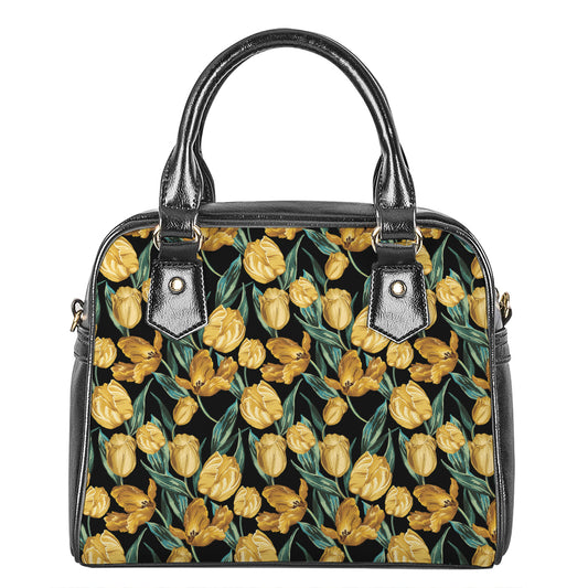 Yellow Tulip Floral Pattern Print Shoulder Handbag