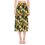 Yellow Tulip Floral Pattern Print Side Slit Midi Skirt