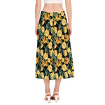 Yellow Tulip Floral Pattern Print Side Slit Midi Skirt
