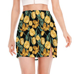 Yellow Tulip Floral Pattern Print Side Slit Mini Skirt