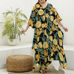 Yellow Tulip Floral Pattern Print Silk V-Neck Kaftan Dress