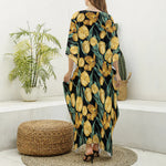 Yellow Tulip Floral Pattern Print Silk V-Neck Kaftan Dress