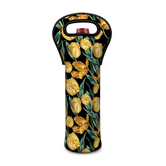 Yellow Tulip Floral Pattern Print Single Neoprene Wine Tote