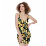 Yellow Tulip Floral Pattern Print Sleeveless Bodycon Dress