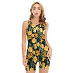 Yellow Tulip Floral Pattern Print Sleeveless One Piece Swimsuit