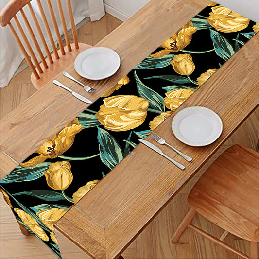 Yellow Tulip Floral Pattern Print Table Runner
