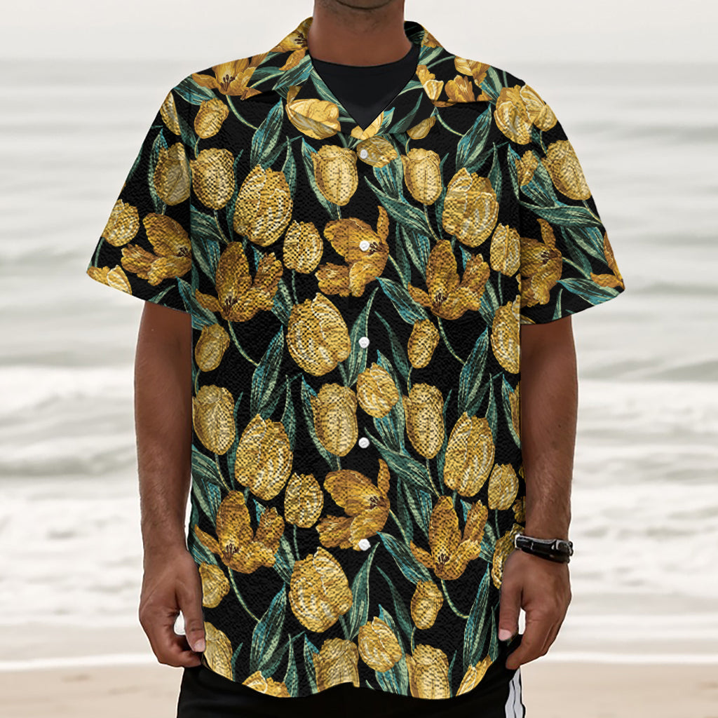 Yellow Tulip Floral Pattern Print Textured Short Sleeve Shirt