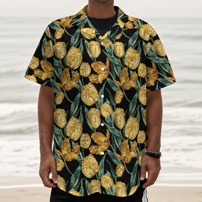 Yellow Tulip Floral Pattern Print Textured Short Sleeve Shirt