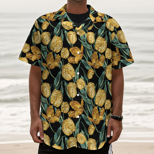 Yellow Tulip Floral Pattern Print Textured Short Sleeve Shirt