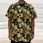 Yellow Tulip Floral Pattern Print Textured Short Sleeve Shirt