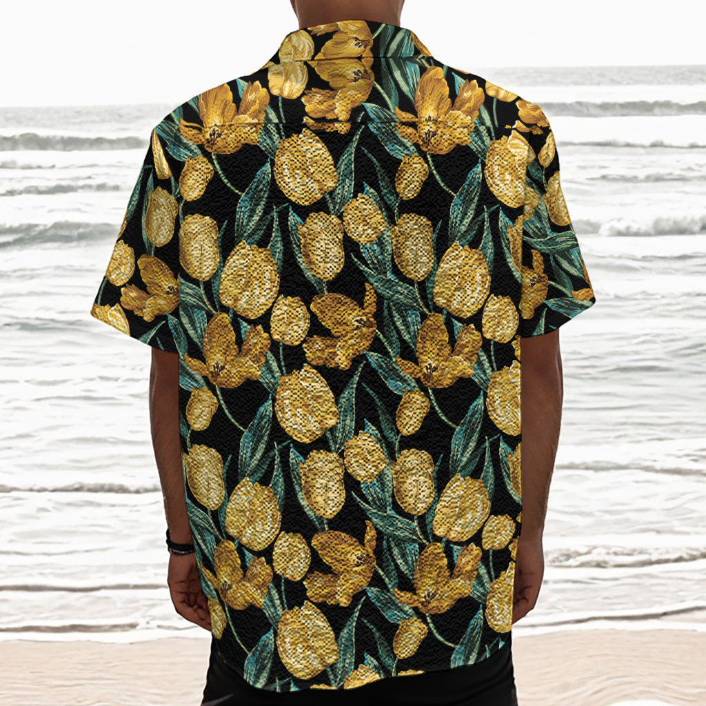 Yellow Tulip Floral Pattern Print Textured Short Sleeve Shirt