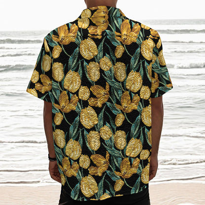 Yellow Tulip Floral Pattern Print Textured Short Sleeve Shirt